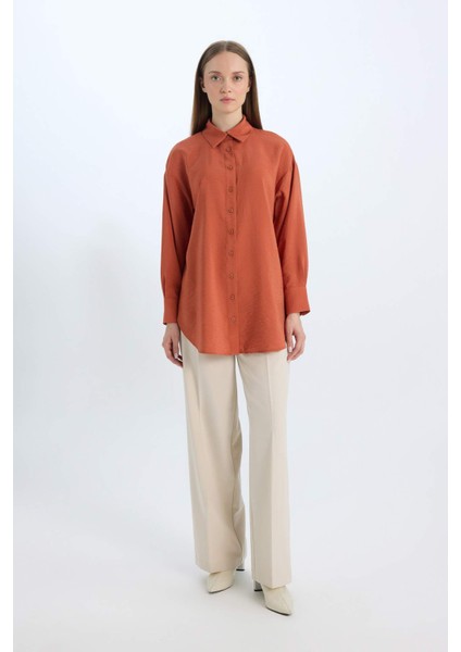 Relax Fit Basic Düz Uzun Kollu Gömlek Tunik D7346AX25SP