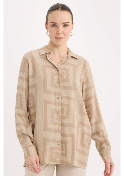 Loose Fit Gömlek Yaka Desenli Uzun Kollu Gömlek Tunik T0609AZ25SP