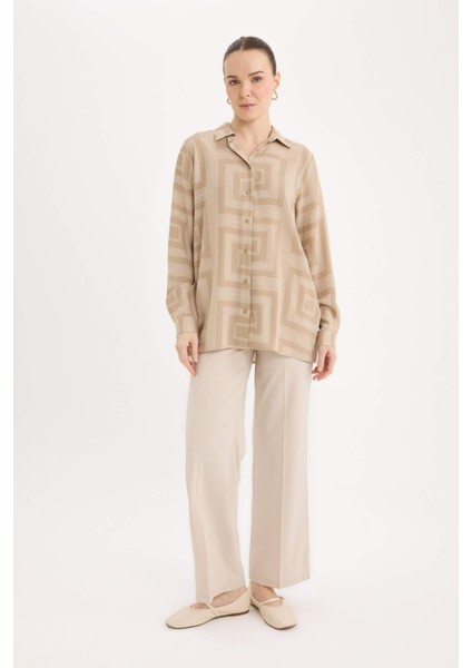 Loose Fit Gömlek Yaka Desenli Uzun Kollu Gömlek Tunik T0609AZ25SP