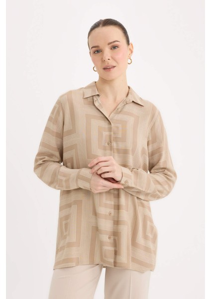 Loose Fit Gömlek Yaka Desenli Uzun Kollu Gömlek Tunik T0609AZ25SP