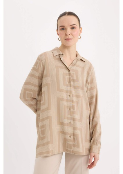 Loose Fit Gömlek Yaka Desenli Uzun Kollu Gömlek Tunik T0609AZ25SP