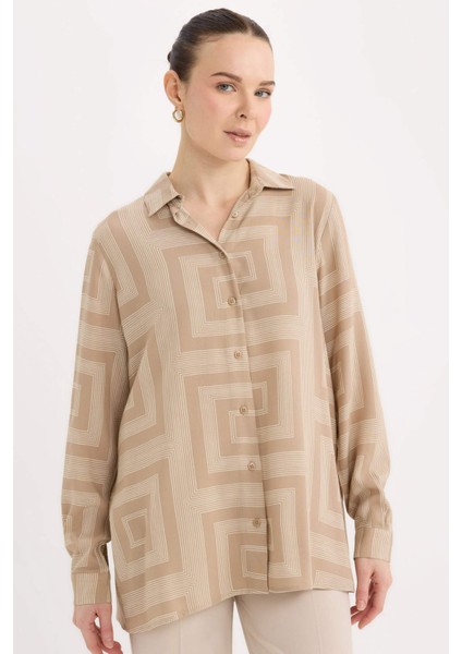 Loose Fit Gömlek Yaka Desenli Uzun Kollu Gömlek Tunik T0609AZ25SP