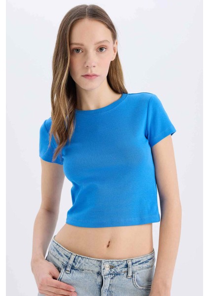 Coool Fitted Crop Basic Düz Ribana Kalın Kumaş Kısa Kollu Tişört E0288AX25SM