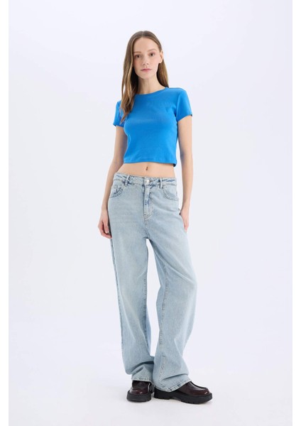 Coool Fitted Crop Basic Düz Ribana Kalın Kumaş Kısa Kollu Tişört E0288AX25SM