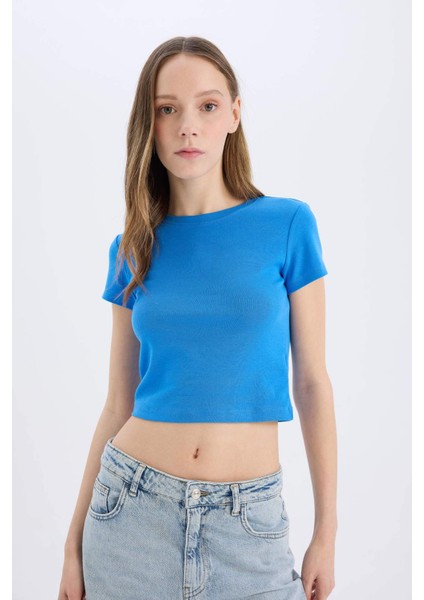 Coool Fitted Crop Basic Düz Ribana Kalın Kumaş Kısa Kollu Tişört E0288AX25SM