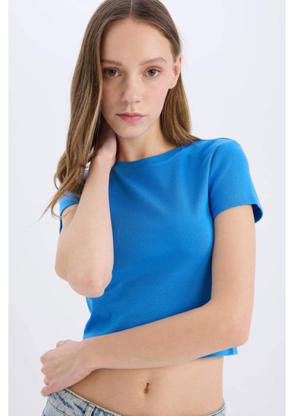 Coool Fitted Crop Basic Düz Ribana Kalın Kumaş Kısa Kollu Tişört E0288AX25SM