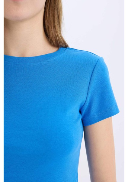 Coool Fitted Crop Basic Düz Ribana Kalın Kumaş Kısa Kollu Tişört E0288AX25SM