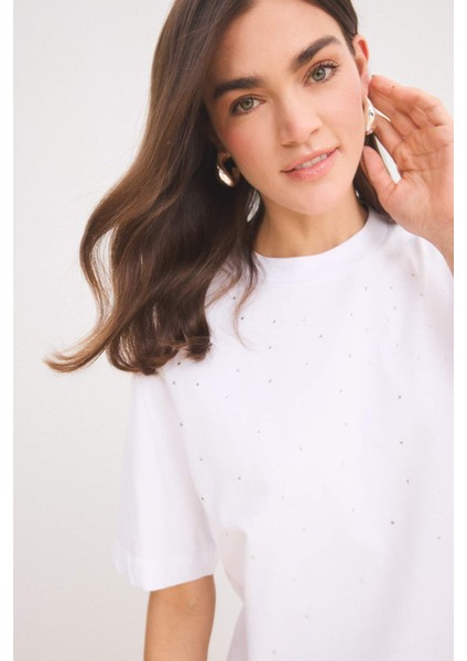 Regular Fit Bisiklet Yaka Basic Düz Kısa Kollu Beyaz Tişört Tunik E1397AX25SP