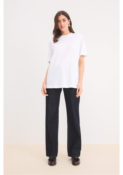 Regular Fit Bisiklet Yaka Basic Düz Kısa Kollu Beyaz Tişört Tunik E1397AX25SP