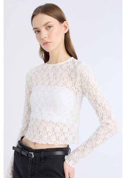 Fitted Dar Kesim Bisiklet Yaka Dantel Uzun Kollu Beyaz Bluz E4930AX25SP