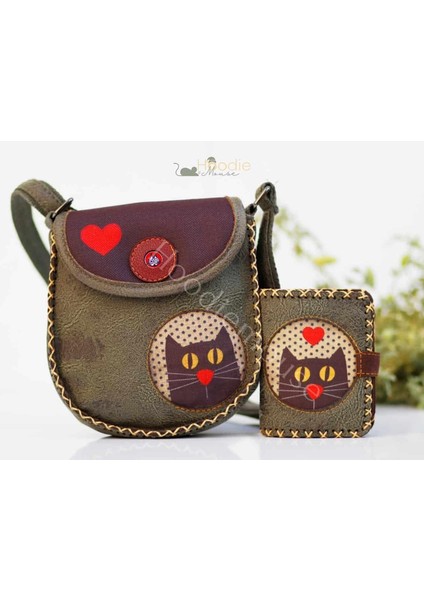 Kedi Aşkı Figurlu Tasarımlı Capraz Örgulu Kol Cantası ve Cuzdan Kombin – Yesil