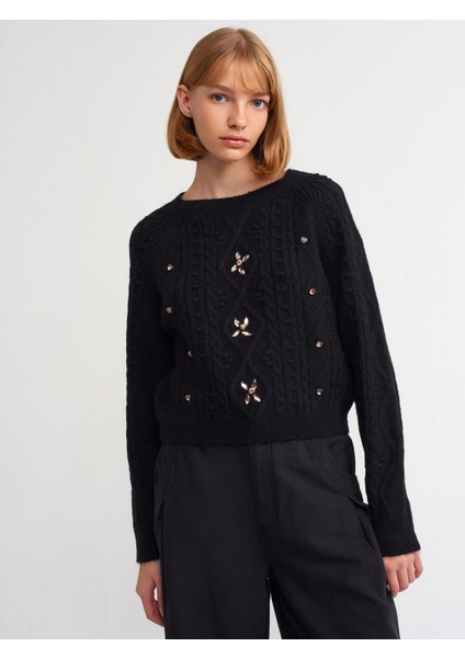 10462 Bisiklet Yaka Önü Taş Işlemeli Kazak-Siyah