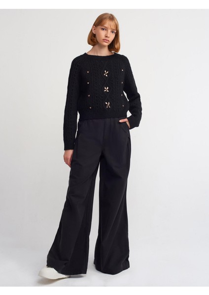 10462 Bisiklet Yaka Önü Taş Işlemeli Kazak-Siyah modelleri