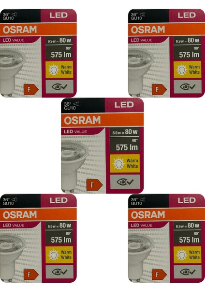 (5 Adet) Osram 6.9W (80W) 2700K (Sarı Işık) GU10 Duylu Led Spot Ampul