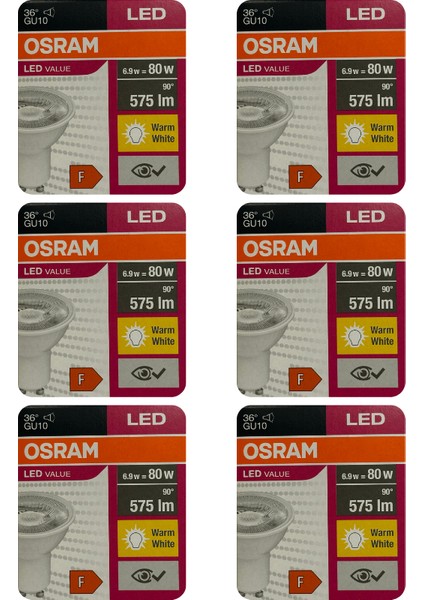 (6 Adet) Osram 6.9W (80W) 2700K (Sarı Işık) GU10 Duylu Led Spot Ampul
