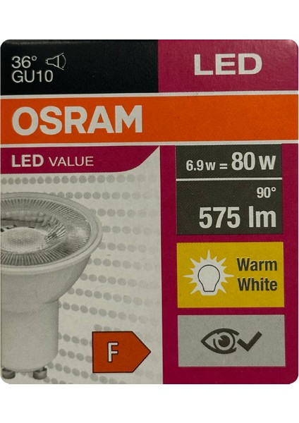 (6 Adet) Osram 6.9W (80W) 2700K (Sarı Işık) GU10 Duylu Led Spot Ampul