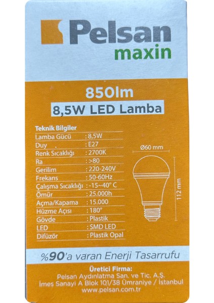 8,5W 2700K (Sarı Işık) E27 Duylu (Kalın Duy) LED Ampul