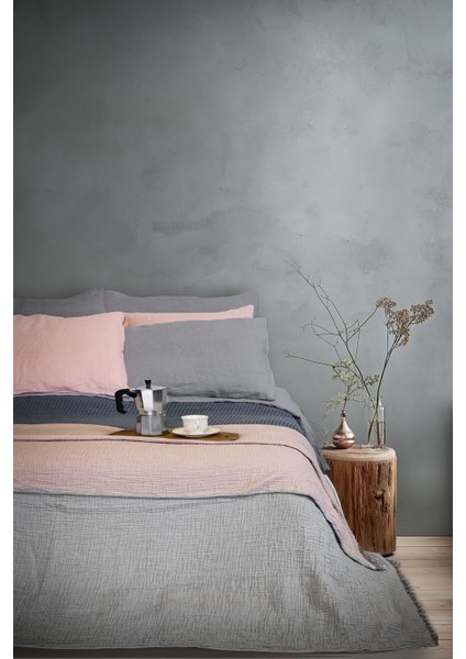 Cocoon %100 Pamuk 4 Katlı Müslin Çift Kişilik Yatak Örtüsü Gri / Pembe 240x260