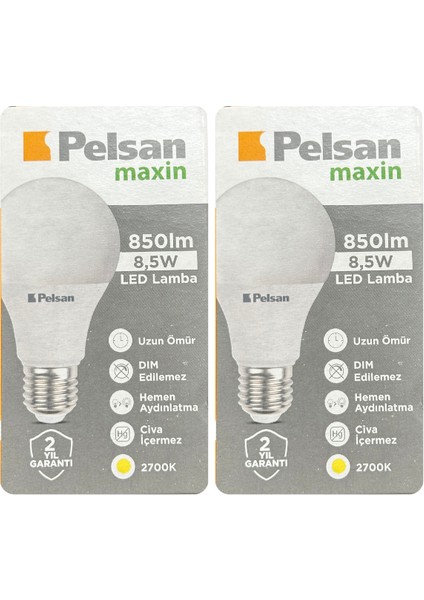 (2 Adet) Pelsan 8,5W 2700K (Sarı Işık) E27 Duylu (Kalın Duy) LED Ampul