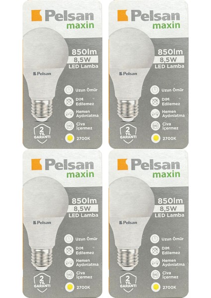 (4 Adet) Pelsan 8,5W 2700K (Sarı Işık) E27 Duylu (Kalın Duy) LED Ampul