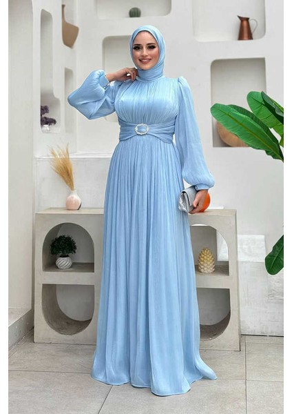 Balon Kol Pileli Abiye Elbise 7013 Bebe Mavisi