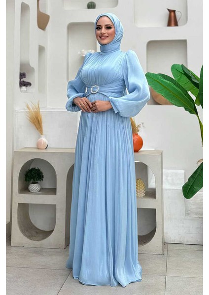 Balon Kol Pileli Abiye Elbise 7013 Bebe Mavisi modelleri