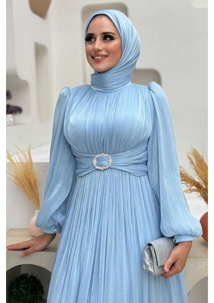 Balon Kol Pileli Abiye Elbise 7013 Bebe Mavisi fırsatları