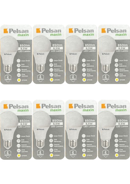 (8 Adet) Pelsan 8,5W 2700K (Sarı Işık) E27 Duylu (Kalın Duy) LED Ampul