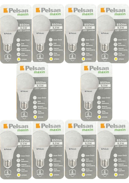 (10 Adet) Pelsan 8,5W 2700K (Sarı Işık) E27 Duylu (Kalın Duy) LED Ampul