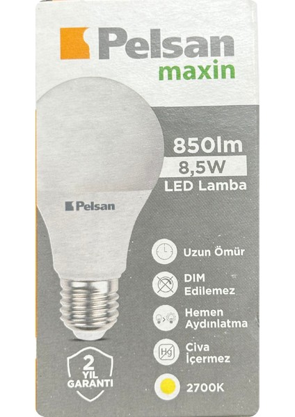 (10 Adet) Pelsan 8,5W 2700K (Sarı Işık) E27 Duylu (Kalın Duy) LED Ampul