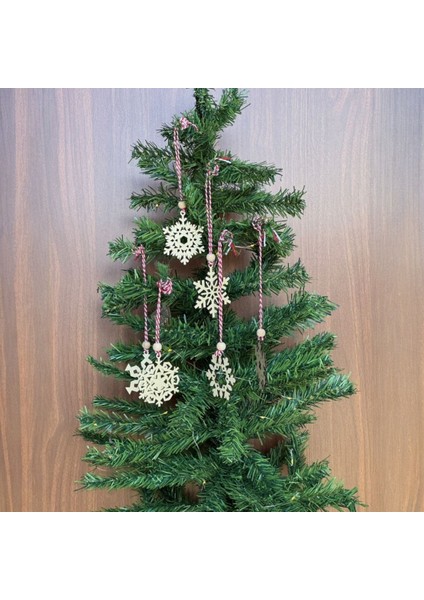 Buffer® Pilli Peri Ledli 6 Parça Kırmızı Beyaz Ipli Kar Tanesi Model Ahşap Yılbaşı Ağaç Süsü