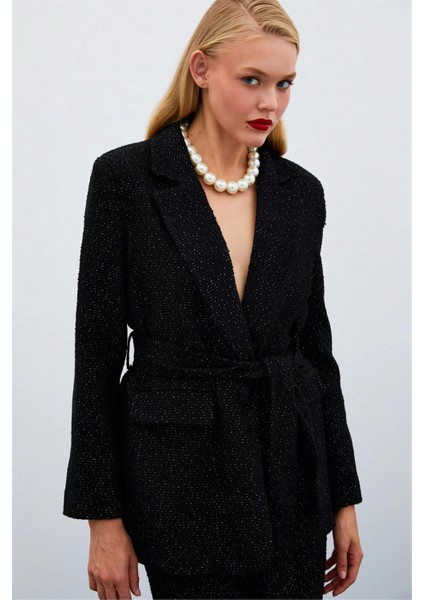 1533-6518 Siyah Kadın Kuşaklı Simli Tüvit Ceket