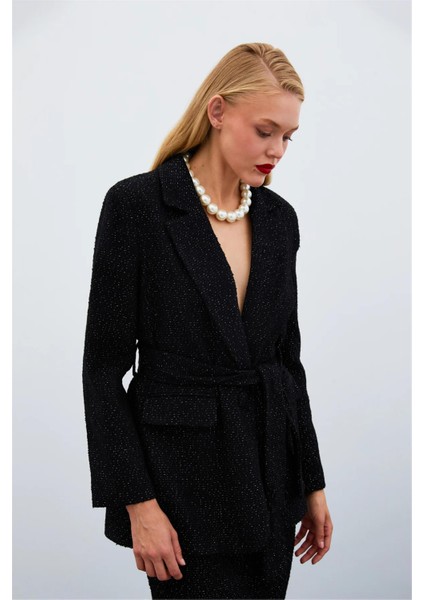 1533-6518 Siyah Kadın Kuşaklı Simli Tüvit Ceket indirimleri