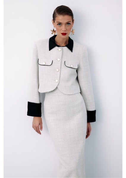 1549-6525 Taş Kadın Kontrast Kısa Tüvit Ceket fiyatları