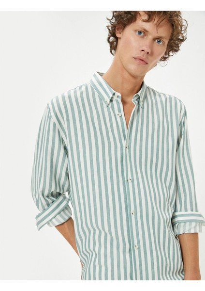 Slim Fit Gömlek Uzun Kollu Düğmeli Yaka Detaylı Pamuk Karışımlı