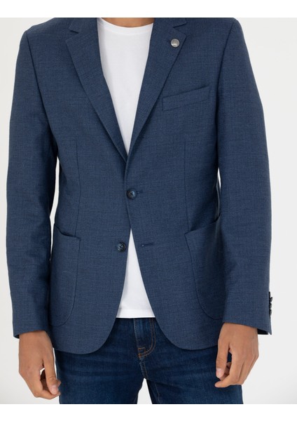 Erkek Açık Lacivert Slim Fit Keten Karışımlı Blazer Ceket 50277318-VR059