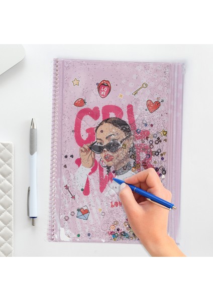 Girl Power Simli ve Sulu Kapaklı Kalem Kutulu A4 Defter