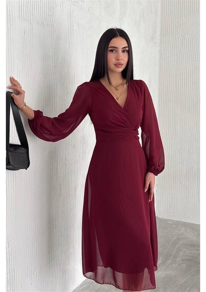 Dipmoda kadın bordo astarlı şifon elbise DPK30281