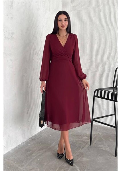 Dipmoda kadın bordo astarlı şifon elbise DPK30281