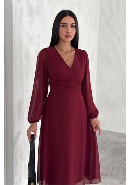 Dipmoda kadın bordo astarlı şifon elbise DPK30281