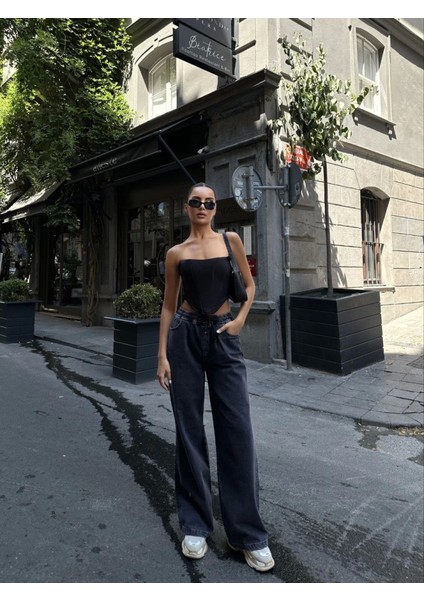 Arkadan Yırtmaçlı Jeans Kot Palazzo Pantolon - Siyah