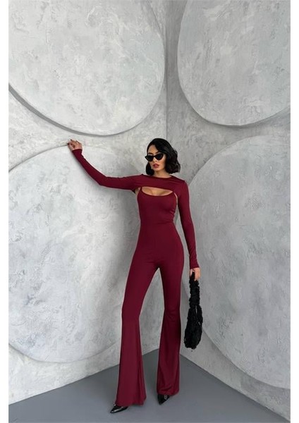 Kadın Bordo Bolero Detaylı Ispanyol Tulum DPNBDF120