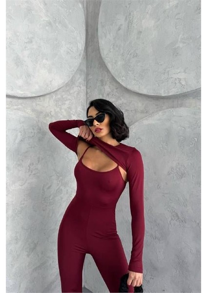 Kadın Bordo Bolero Detaylı Ispanyol Tulum DPNBDF120