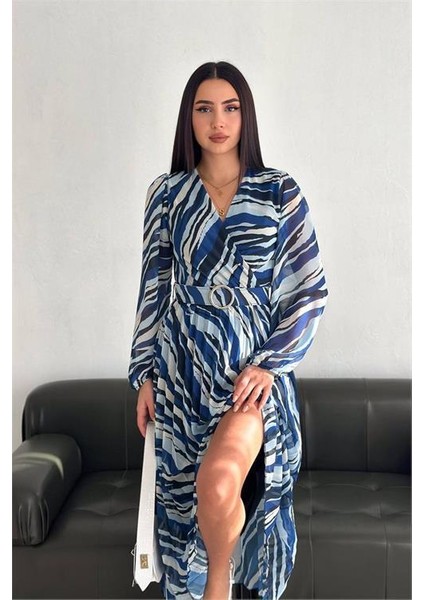 Kadın Kruvaze Yaka Piliseli Midi Şifon Elbise Dpnbk3029