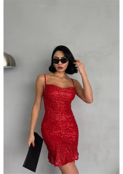 Kadın Kırmızı Askılı Payet Mini Elbise DPNBDF129