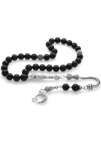 Kararmaz Metal Ayyıldız Püsküllü Küre Kesim Oniks Doğaltaş Tesbih