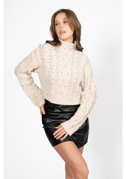 Rtd&vld Kadın Vita S23 Dik Yaka Desenli Taşlı Triko Kazak Bej