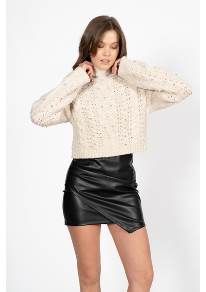 Rtd&vld Kadın Vita S23 Dik Yaka Desenli Taşlı Triko Kazak Bej fiyatları