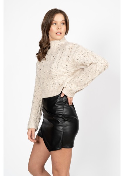 Rtd&vld Kadın Vita S23 Dik Yaka Desenli Taşlı Triko Kazak Bej modelleri