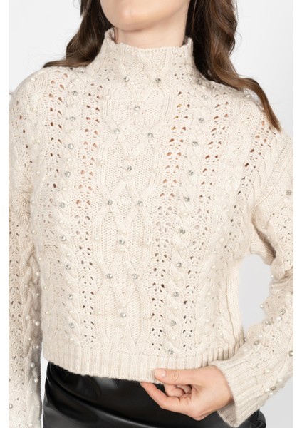 Rtd&vld Kadın Vita S23 Dik Yaka Desenli Taşlı Triko Kazak Bej indirimleri